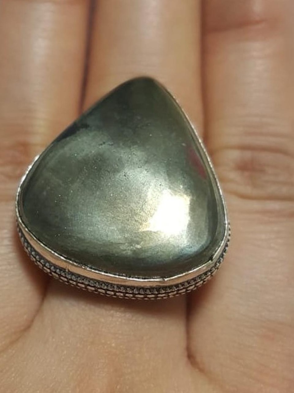 925 Silver Golden Pyrite Greenish-Gray Statement Ring - Polished Stone
